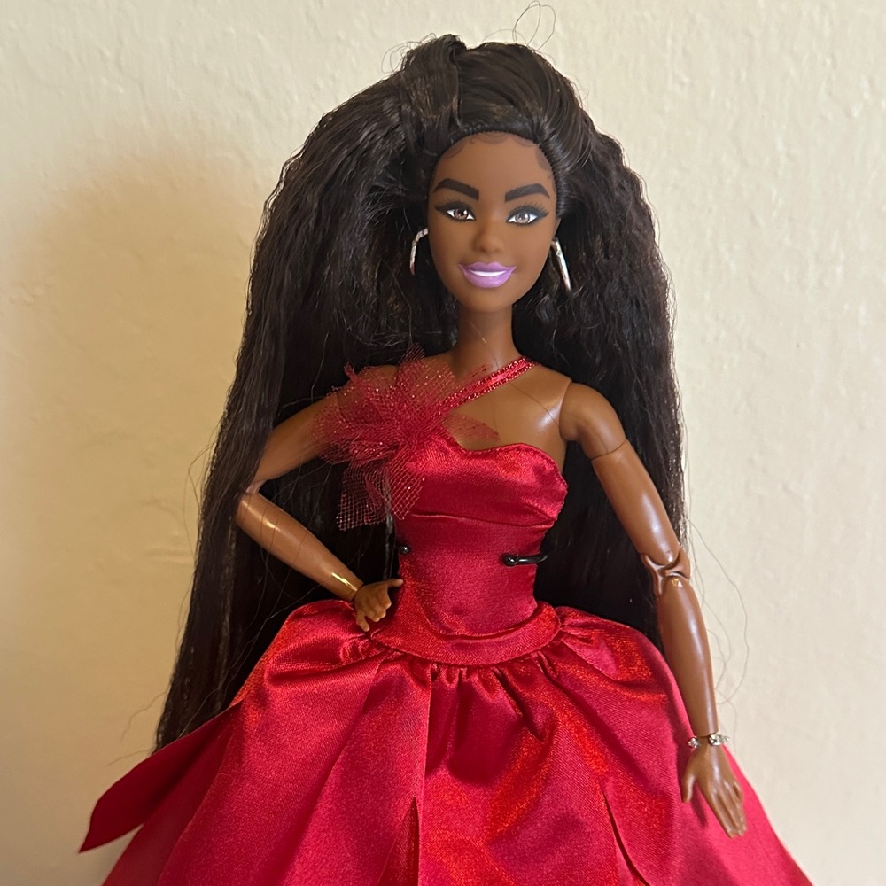Mattel Barbie Doll with Elegant Red Dress and Long Dark Brown Hair.